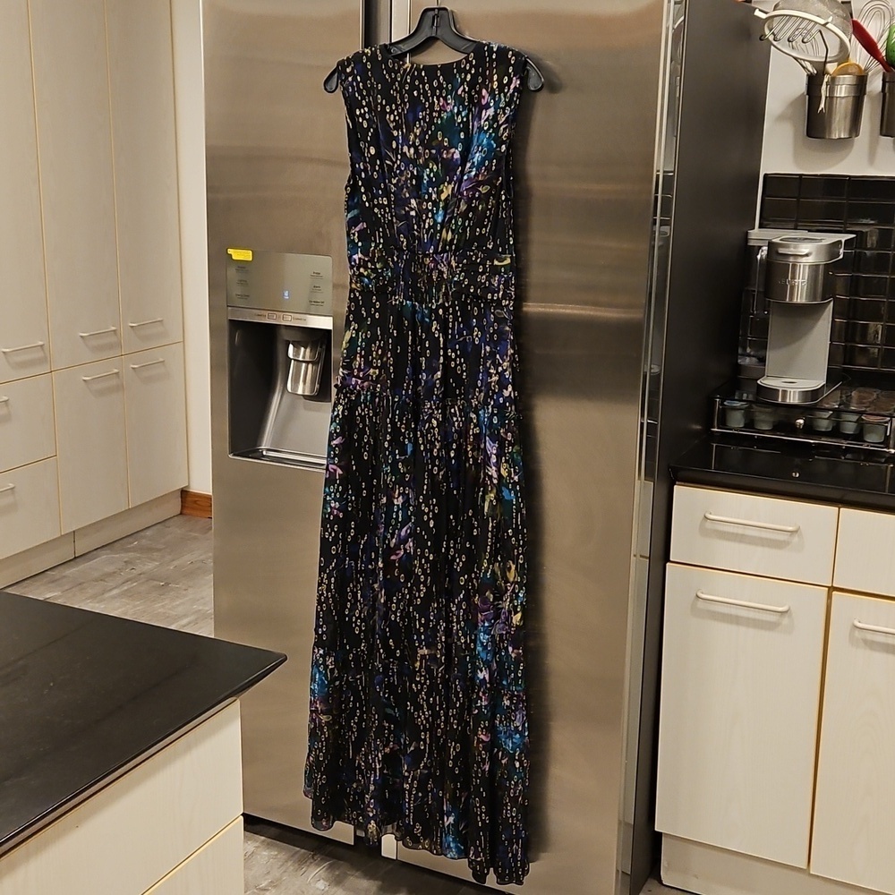 💕SHOSHANNA MIDNIGHT💕 Sleeveless V-Neck Chiffon Maxi Dress ~ Lotus Print 8